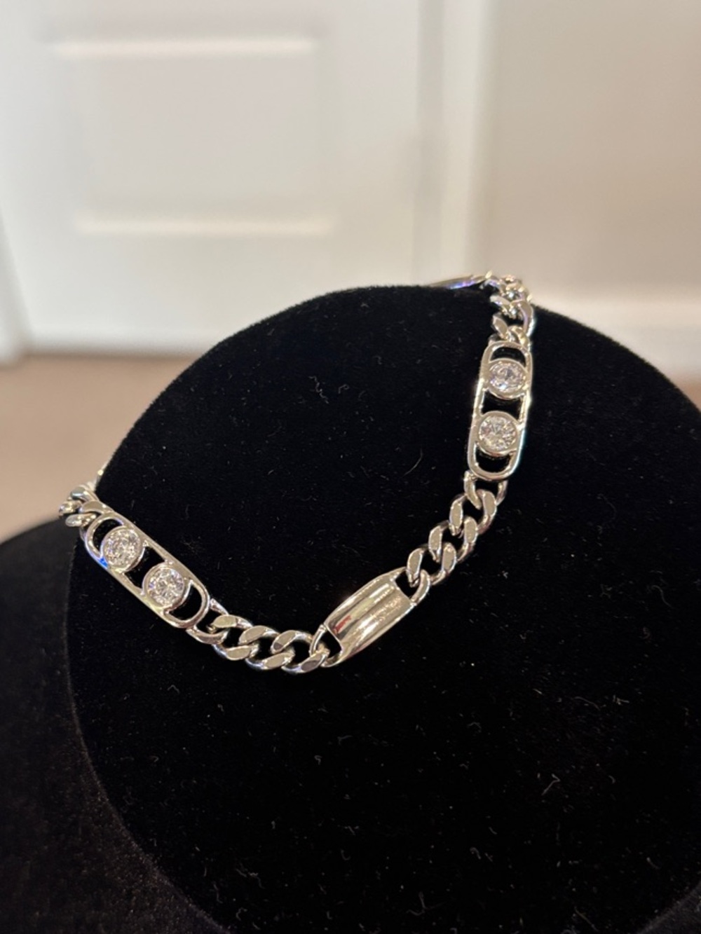 Silver Tone Cuban Link Bracelet with Pavé Accents - Black